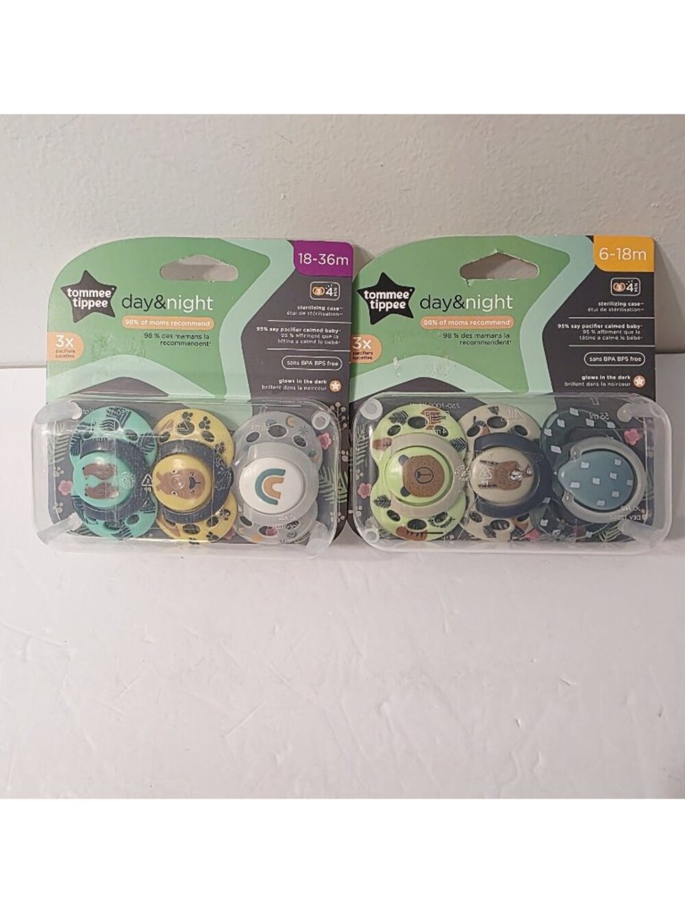 2 Tommee Tippee Day & night Pacifiers Binkys 6-36m Glow in the Dark